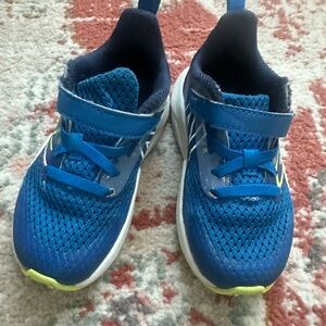 New Balance Kids Blue and Neon Sneakers, lightly worn wide shoe